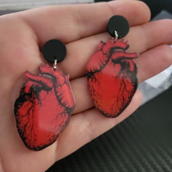 Red anatomical heart acrylic two sided drop earrings - Picture 1 of 3